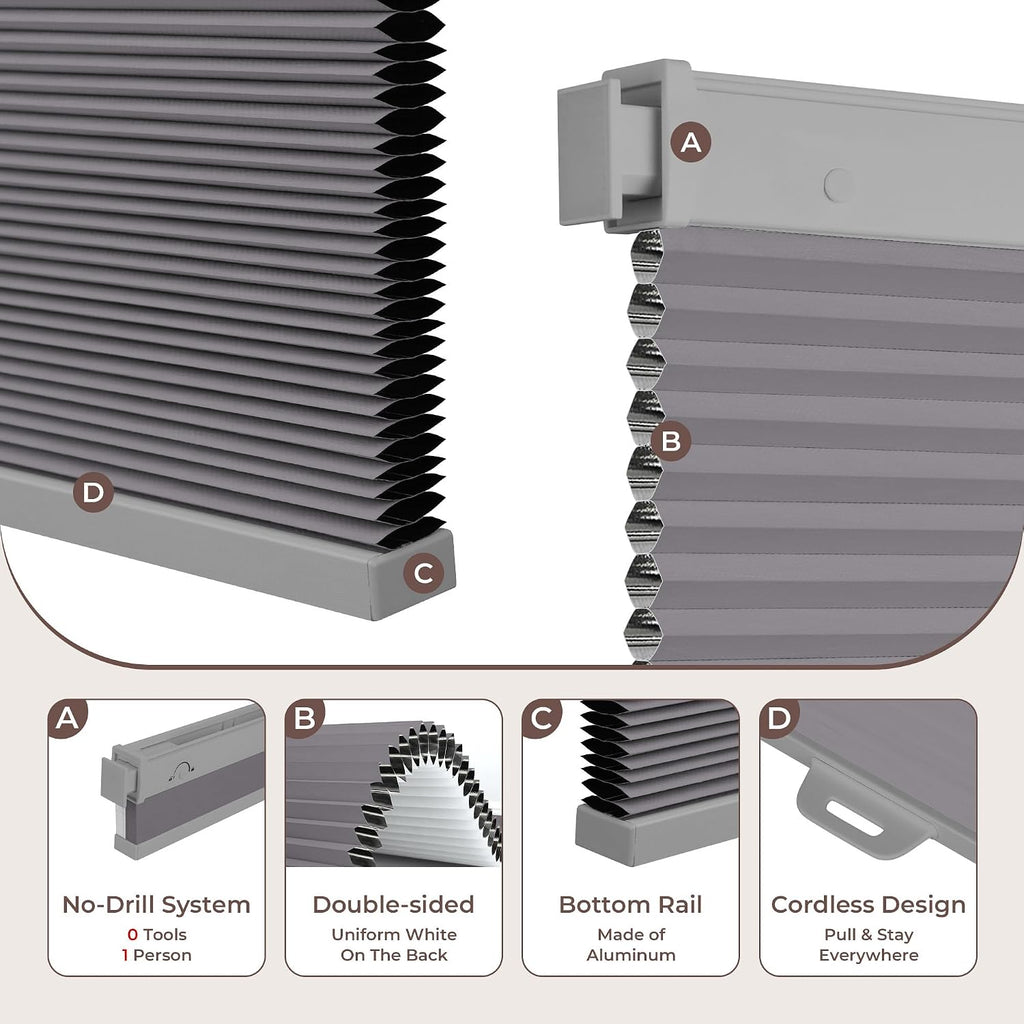 No Drill Blinds for Windows Blackout Cordless Cellular Shades Honeycomb Blinds Pull Down, Free Stop Easy Install