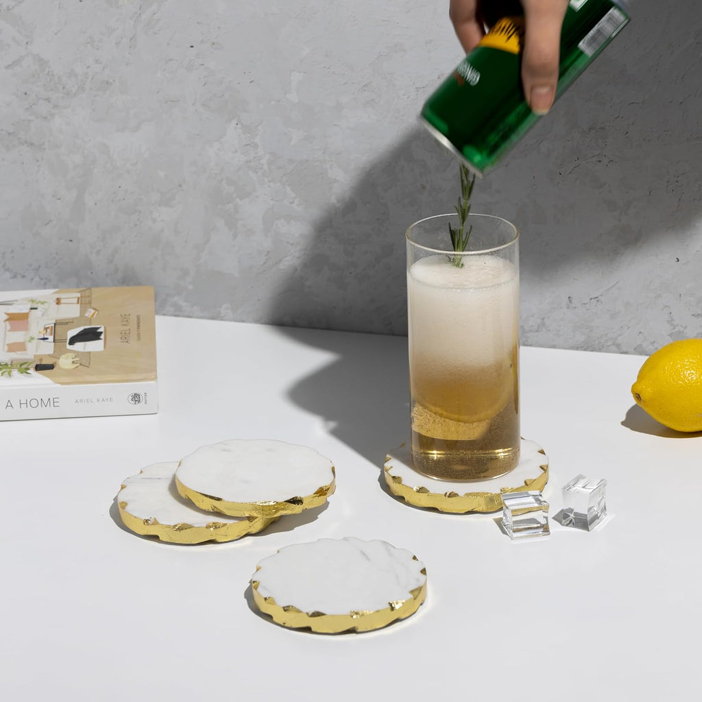 Real Marble Coasters with Golden Borders, decoratice White & Gold Coasters for Desk, Coffee Table | Thick & - Set of 6