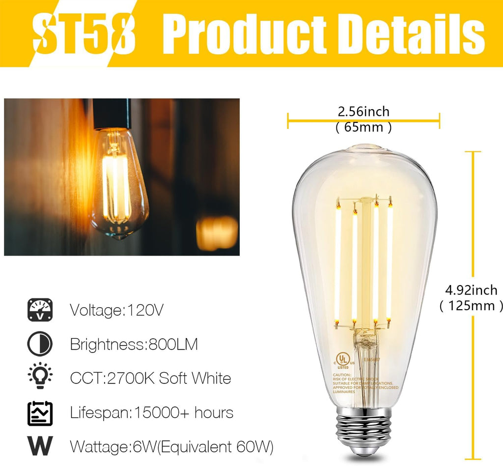 Vintage LED Edison Bulbs, E26 Led Bulb 60W Equivalent, Dimmable Led Light Bulbs, High Brightness 6W 800 LM Warm White