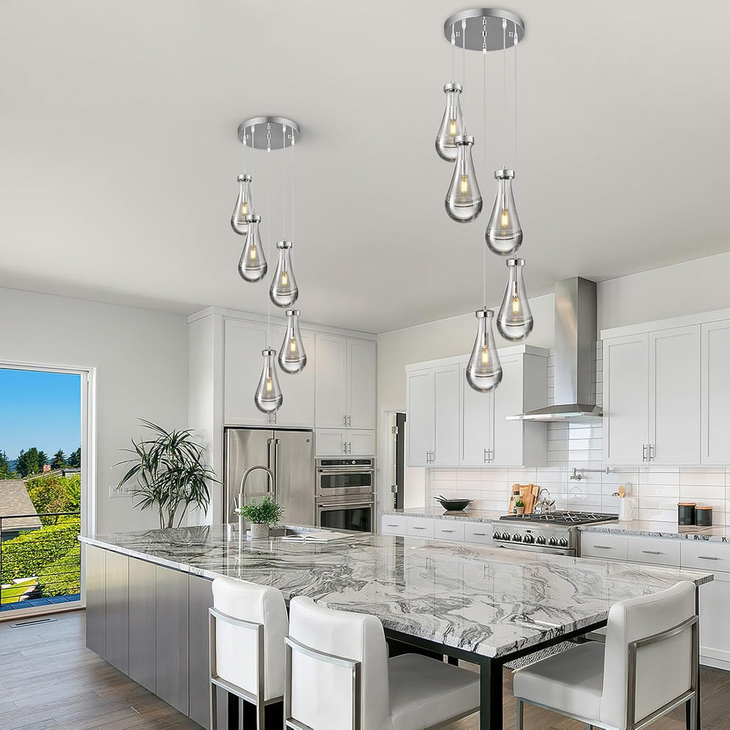 Raindrop Pendant Lights Kitchen Island Teardrop Chrome Hanging Light Fixtures Clear Solid Glass Pendant Light Modern Chandeliers for Dining Room Porch Corridor Living Room (5-Light) A121-B0CJF6N3LL