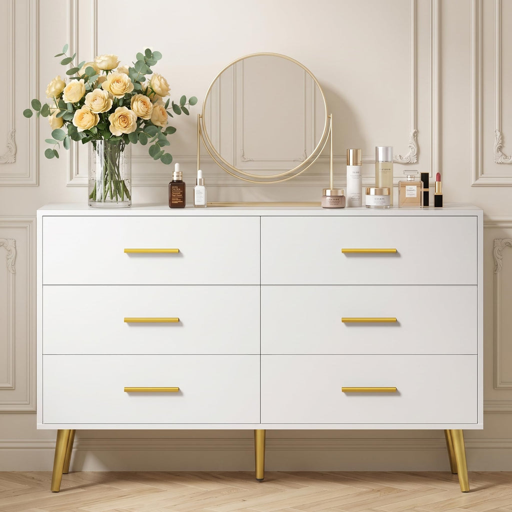 47" White Dresser with 6 Drawers & Modern Gold Handles
