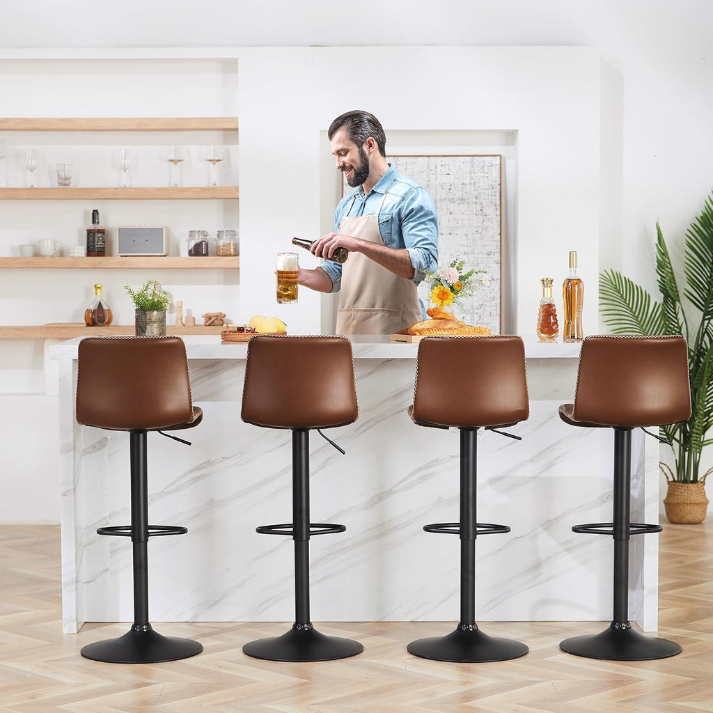 Swivel Bar Stools Set of 4, Counter Height Bar Stools with Back, Adjustable Bar Stools 24" to 32", Brown Faux Leather