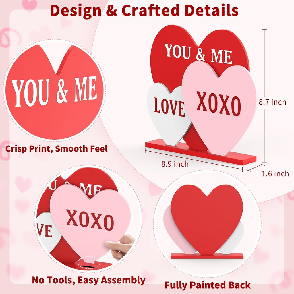 Valentines Day Decorations, 8.7 Inch Valentine Table Decorations Wooden Heart Sign with Letter LOVE XOXO, Valentines