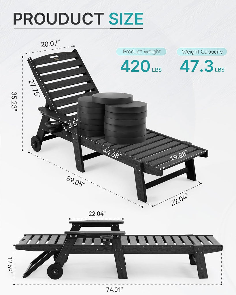 Patio Chaise Lounge Chair Set of 2, Oversize Lounge Chairs with Wood Texture& Rolling Wheels, HDPE 6-Position Plastic