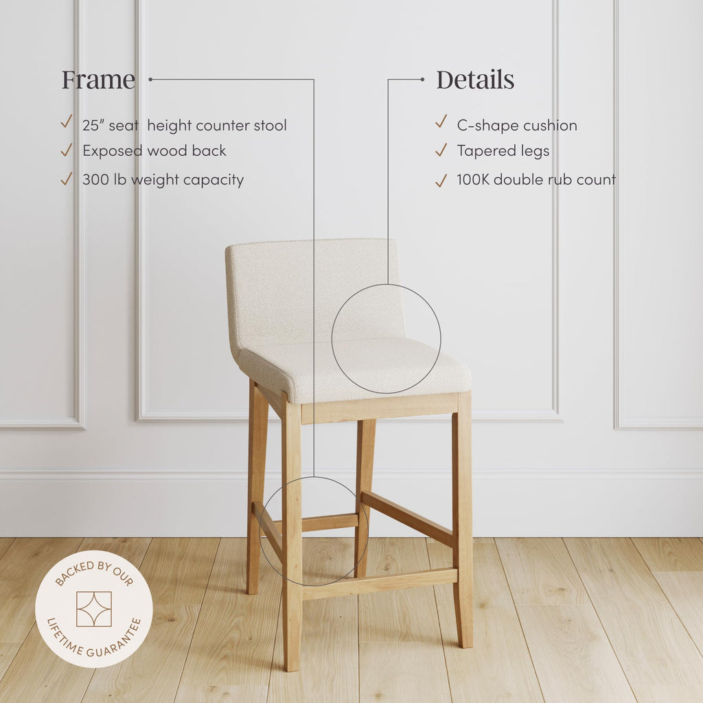 Gracie Modern Counter Height Bar Stool with Back, Counter Stool Upholstered Chair with Natural Textured Linen and