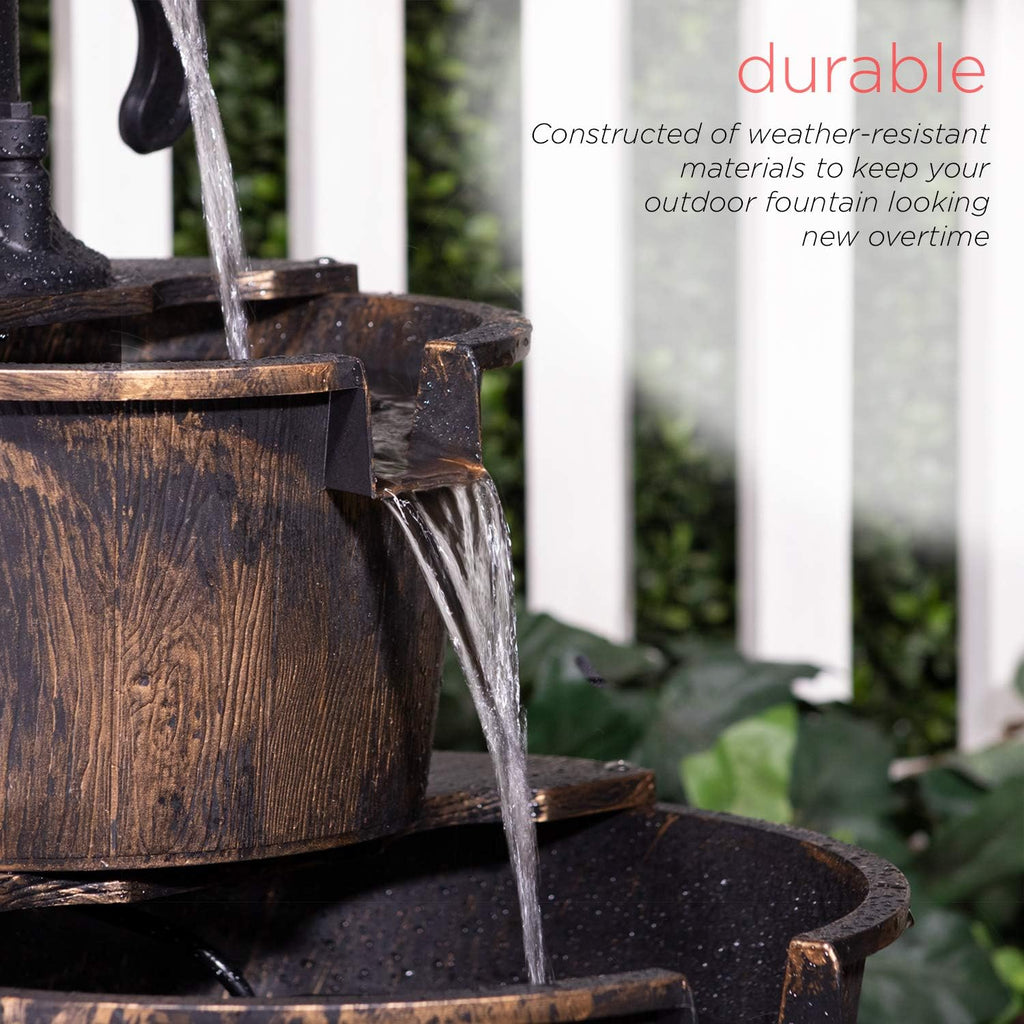 27" Tall Rustic Outdoor 2-Tier Barrel Pump Water Fountain with Soothing Cascading Water Flow, Landscape, Bronze