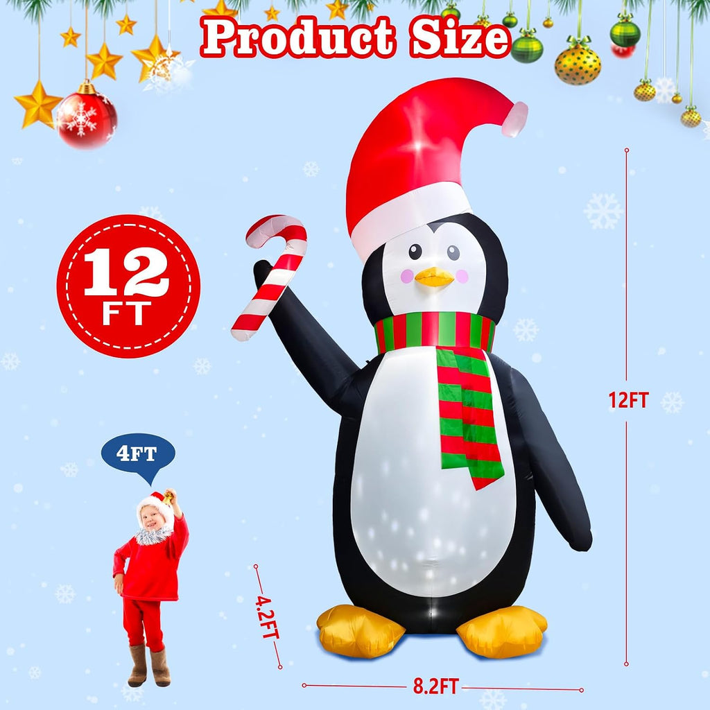 [Flash Light] 12FT Giant Christmas Inflatable Penguin Wear Santa Hat & Scarf Hold Candy Cane Decoration, Christmas