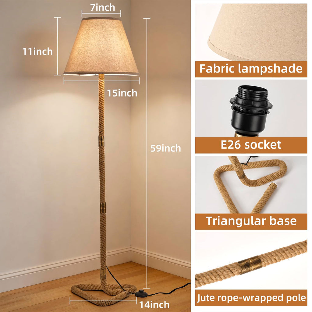 Rustic Floor Lamp, Rope Lamps with Linen Shade