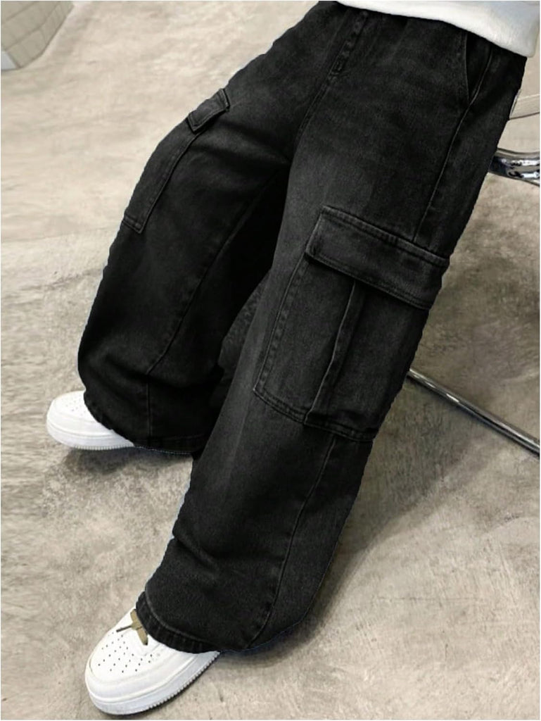 Boys Jeans Baggy Straight Leg Denim Cargo Pants with Pockets