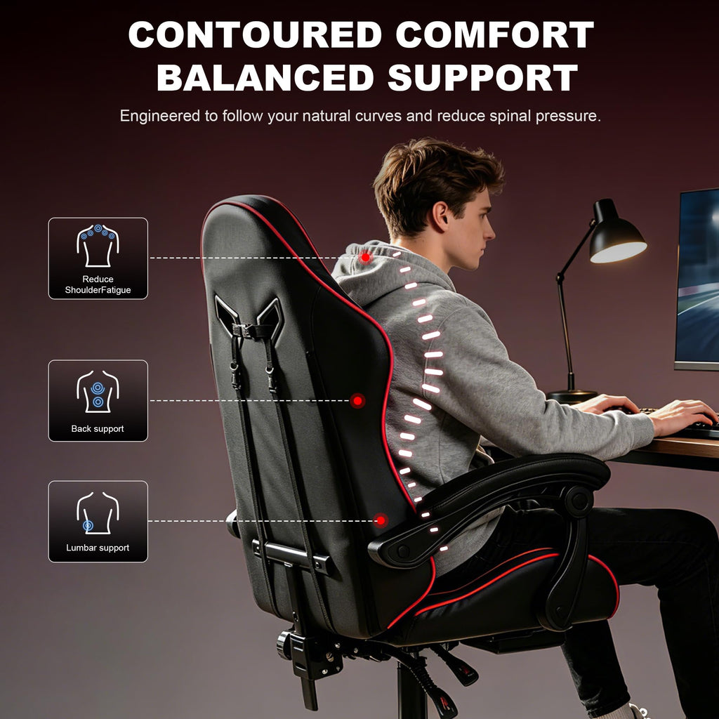 Black and Red Gaming Chair with Footrest, Ergonomic Small Gaming Chair