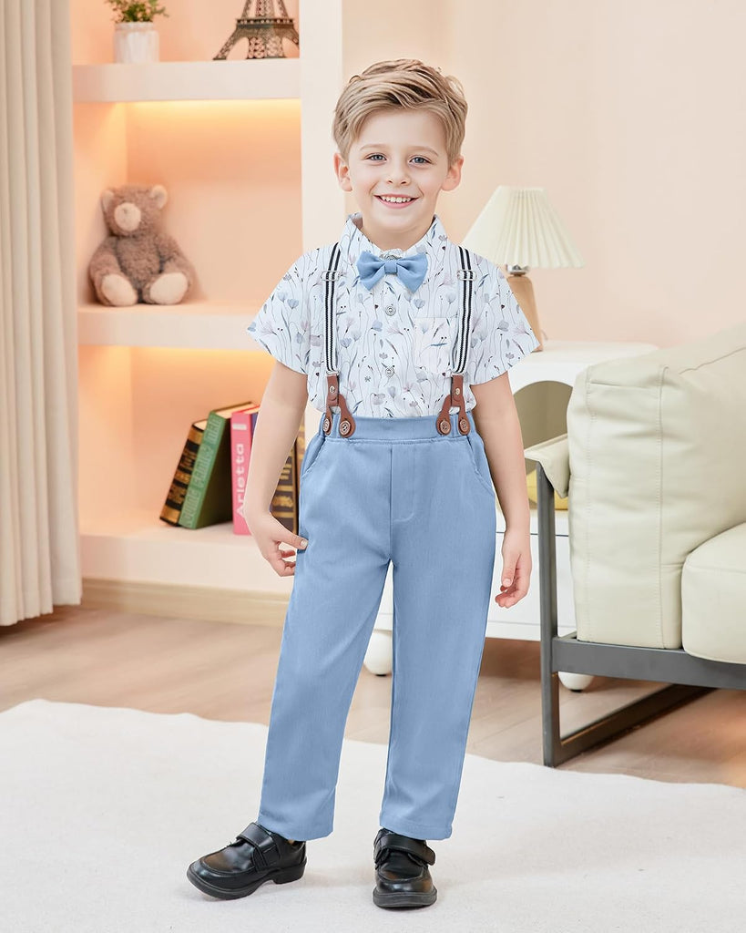 Boys Clothes Formal Suit Gentleman Wedding Outfit Short Sleeve Shirt with Bow Tie and Suspender Pants