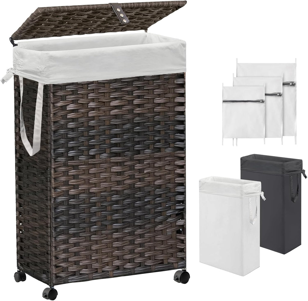 70L Slim Laundry Hamper with Lid & Wheels, Rolling Laundry Basket with 2 Removable Liner Bags & 3 Mesh Bags, Narrow