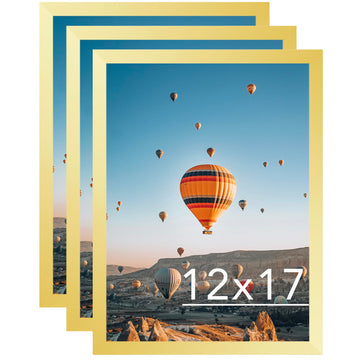 12x17 Gold Picture Frame Set of 3, Horizontal and Vertical Formats for Wall Hanging, 12 x 17 Wall Gallery Poster