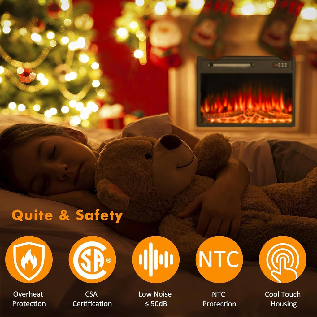 23 inch Electric Fireplace Insert with Stove Heater for TV Stand,LED Realistic Flame,Recessed Mounted Fireplace