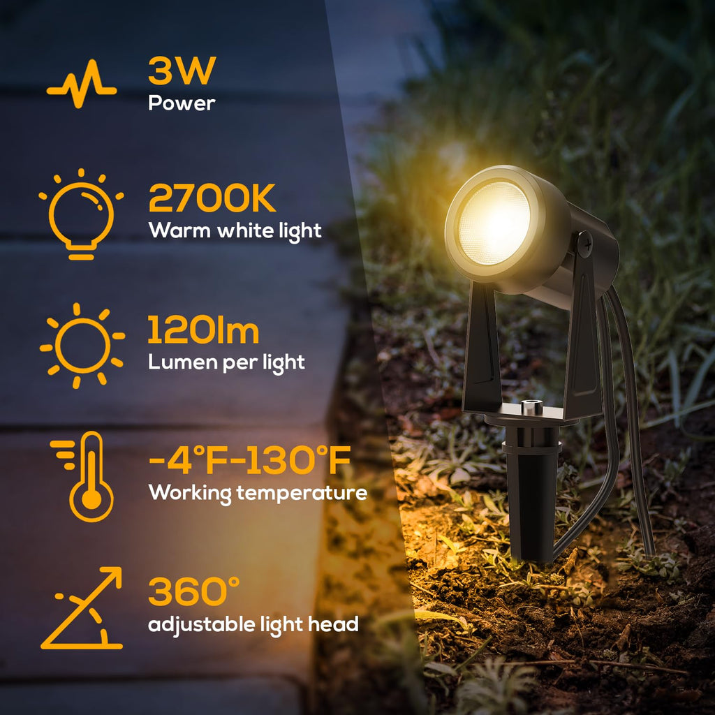 Outdoor Landscape Lighting, 10 Pack Low Voltage LED Spot Lights with Transformer, IP65 Waterproof, 2700K Warm White