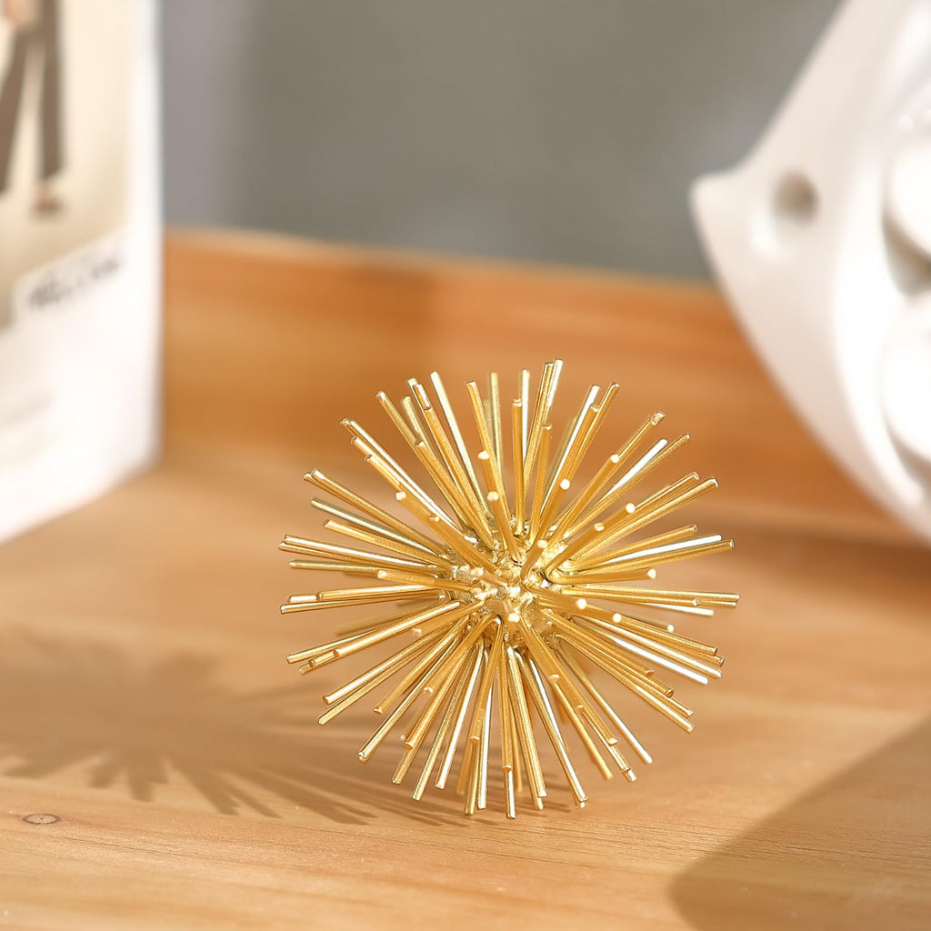 Gold Sphere Decor, Metal Gold Starburst Tabletop Sculpture Decor, Modern Metal Starburst Centerpiece, Spike Ball