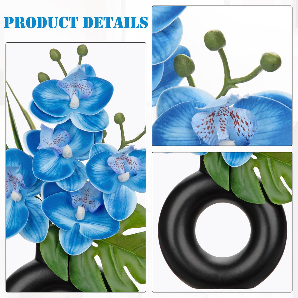 2PCS Blue Orchid Fake Flowers in Black Ceramic Pot Silk Orchid Floral Arrangement Faux Orchid Plant Room Shelf Table