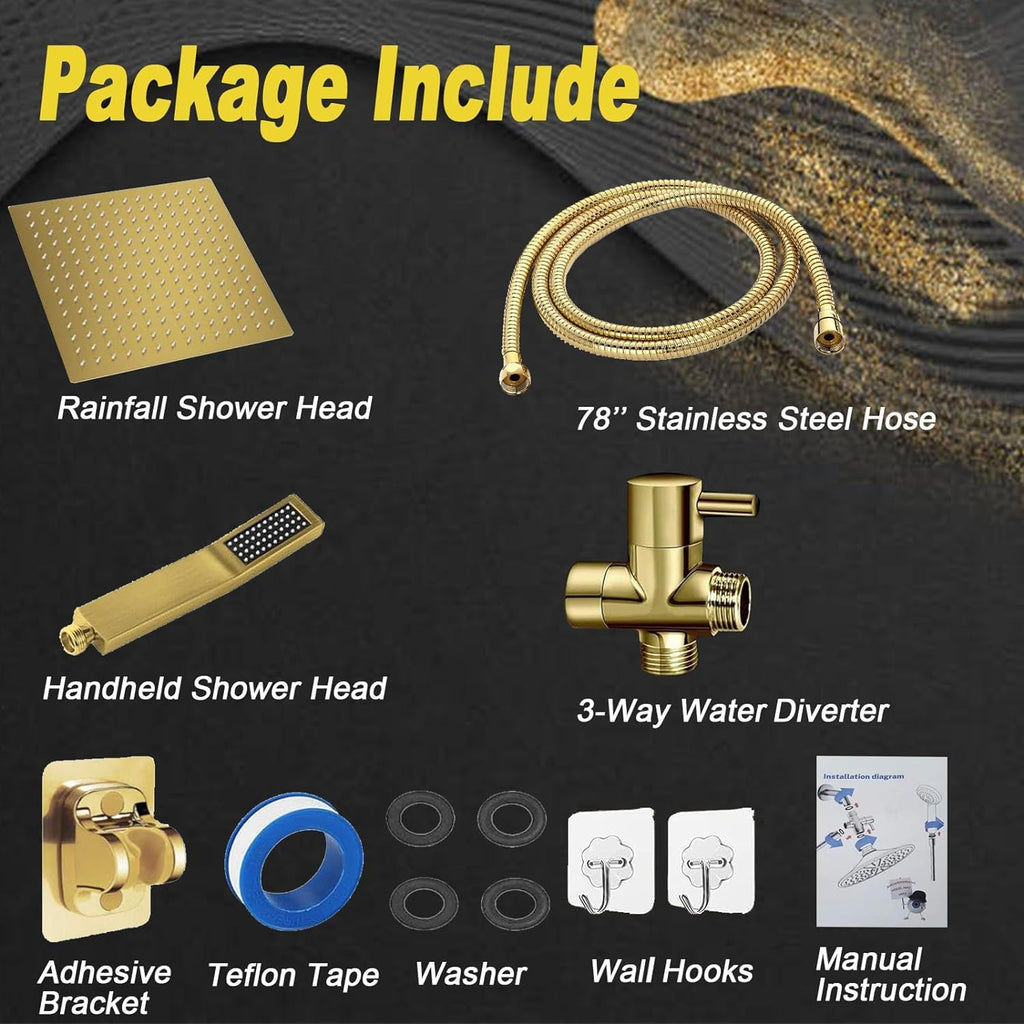 8"High Pressure Square Rain Shower Head and 2-in-1 Hand Shower.Equipped with 78"Hose, 3 Way Diverter Valve, Adhesive
