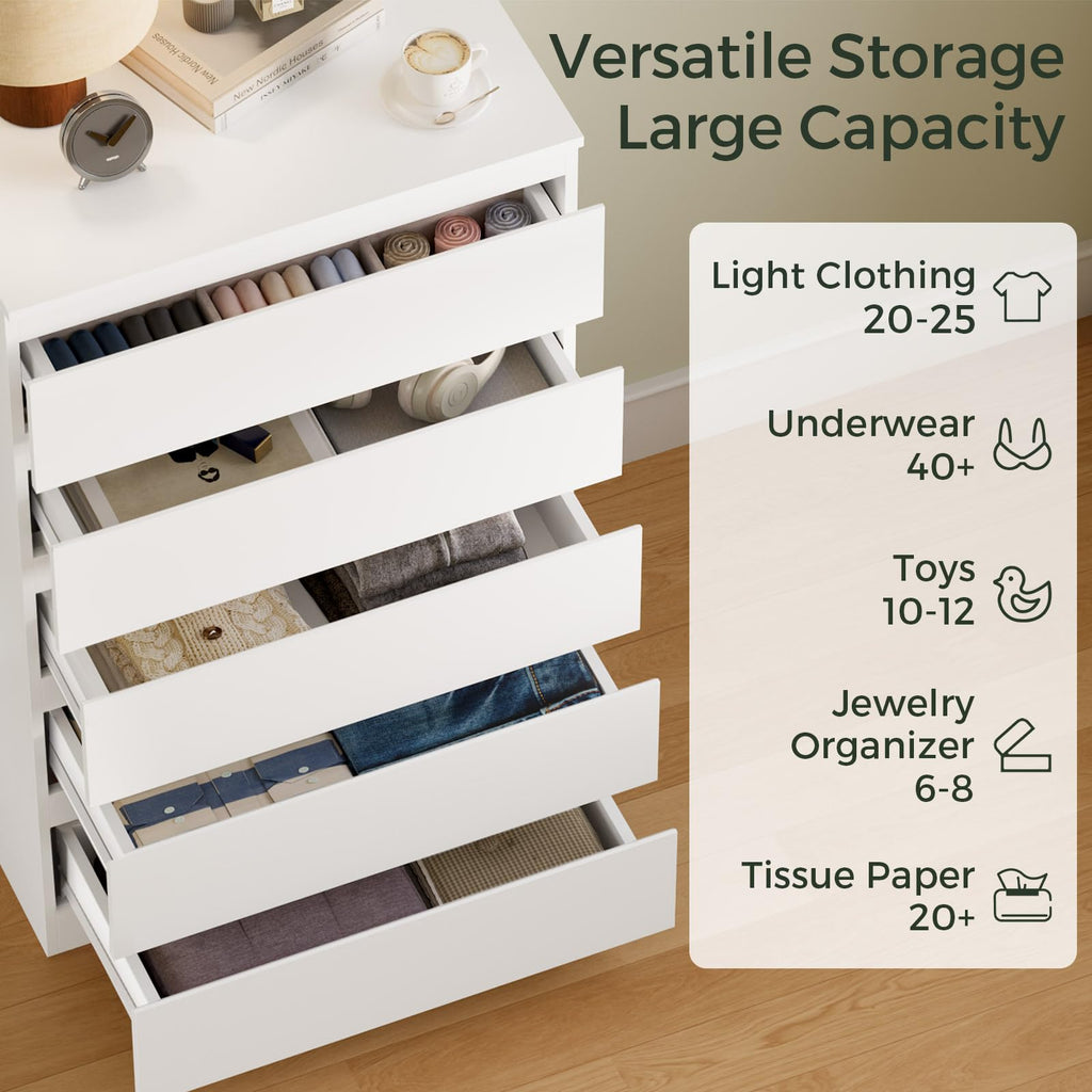 White Wood, 5 Drawer for Clothes Storage