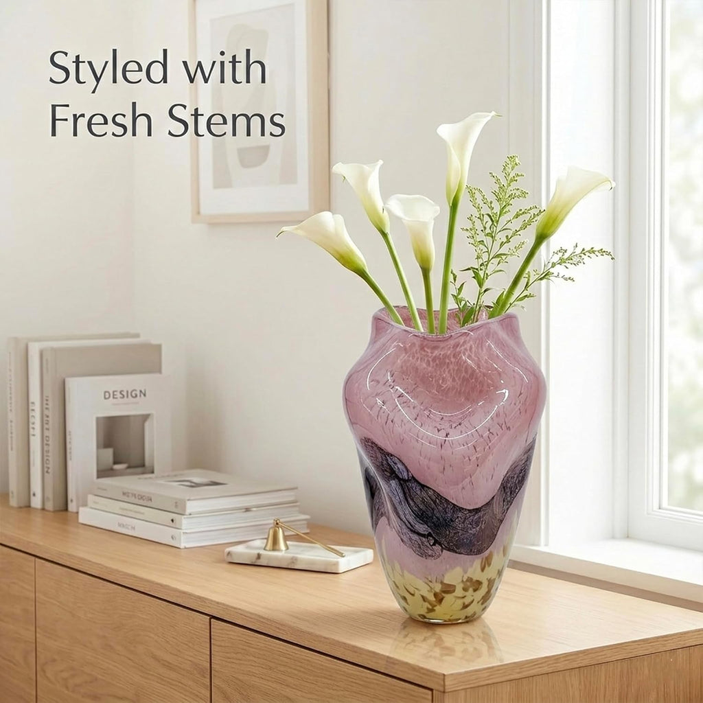 Murano Style Glass Vase, Hand Blown Decorative Art Vase with Ruffled Opening for Flowers, Shelf Tabletop Mantel