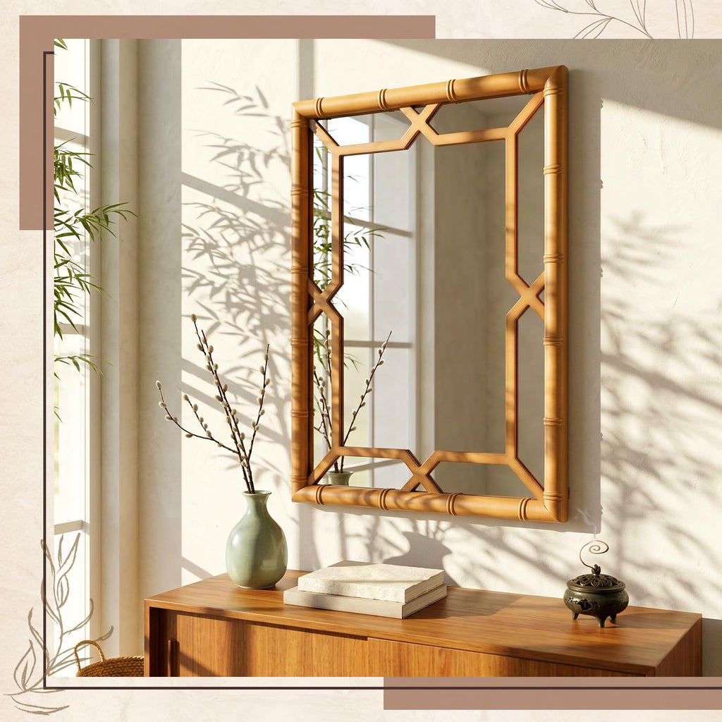 Bamboo-Look Frame Wall Mirror Decor, 23" ×31", Natural Wood