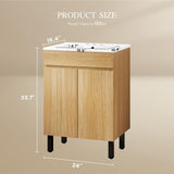 24-Inch Modern Bathroom Vanity with Undermount Ceramic Sink – Natural Brown Cabinet with Adjustable Legs, Soft-Close Double Doors & Drain
