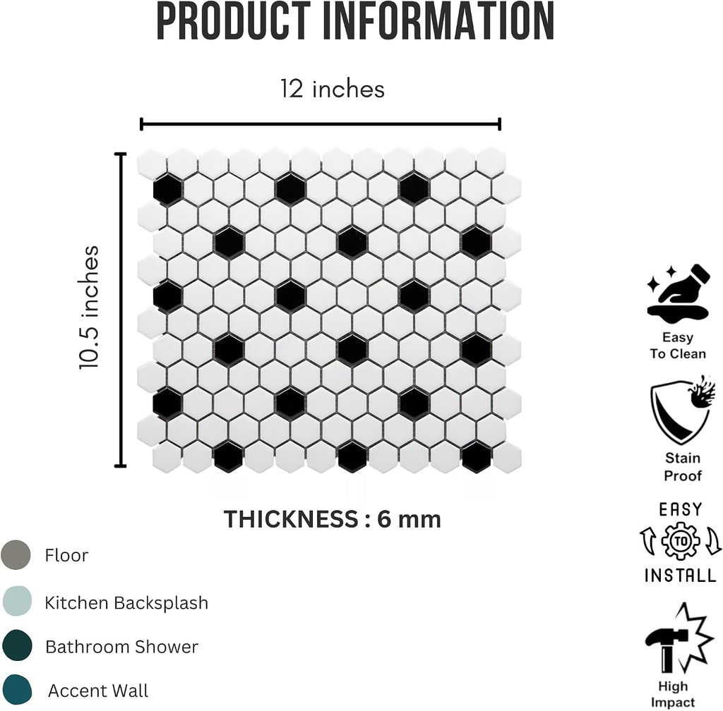 White and Black Hexagon Polished Porcelain Mosaic Tile - Classic Glossy Geometric Wall and Floor Tile , and