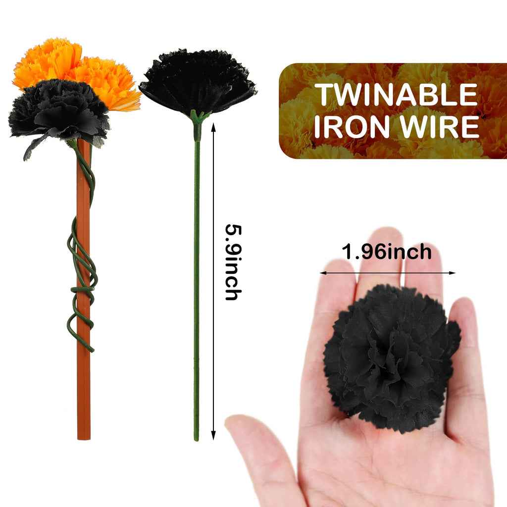 20 Pcs Artificial Marigold Flowers Halloween, Black, Orange