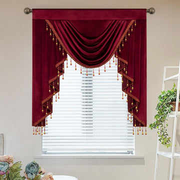 Burgundy Velvet Waterfall Valance, Vintage Swag Valance with Crystal Beads, Luxury Blackout Window Curtain Topper