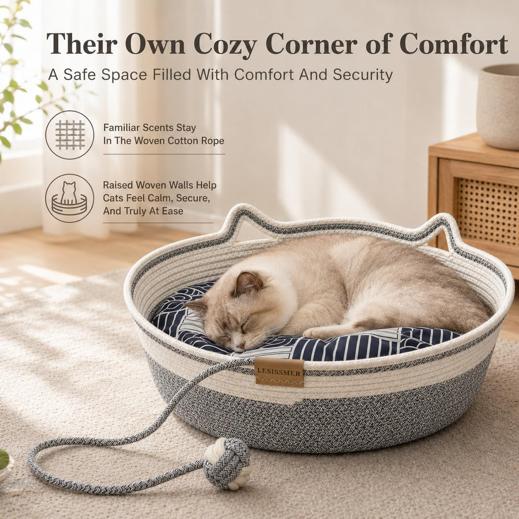 Cat Bed Basket for Indoor Cats Handwoven Cotton Rope with Cushion (Grey)