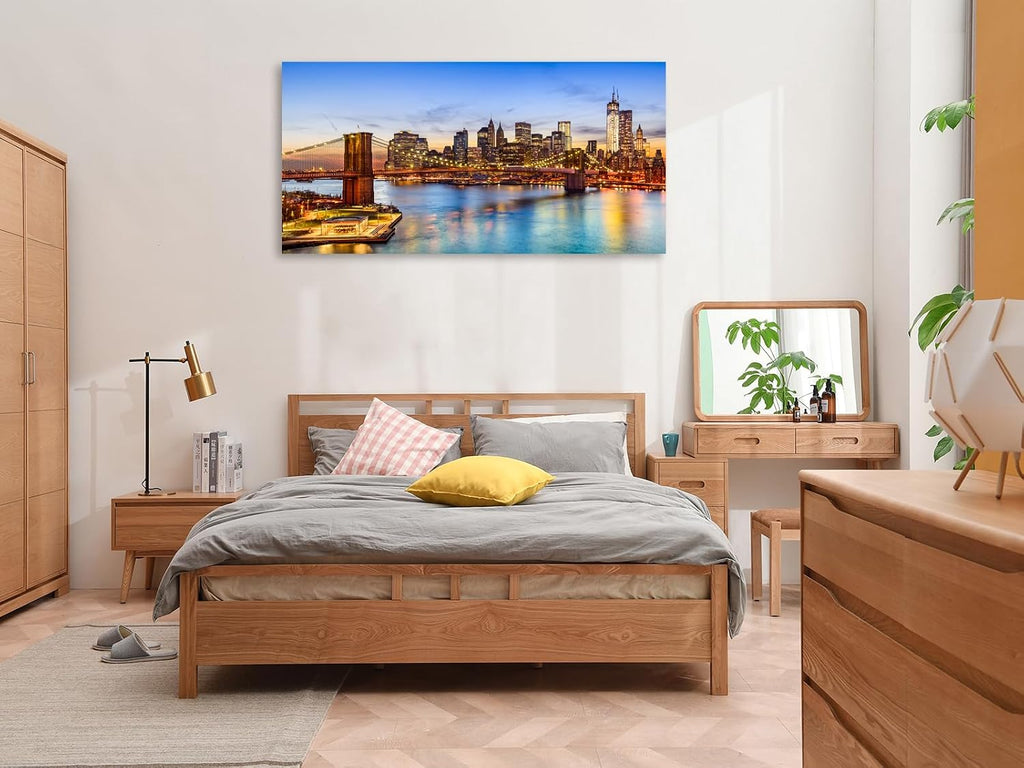 New York City Skyline Canvas Wall Art-Brooklyn Bridge at Sunset Panoramic Picture, Modern Manhattan Cityscape