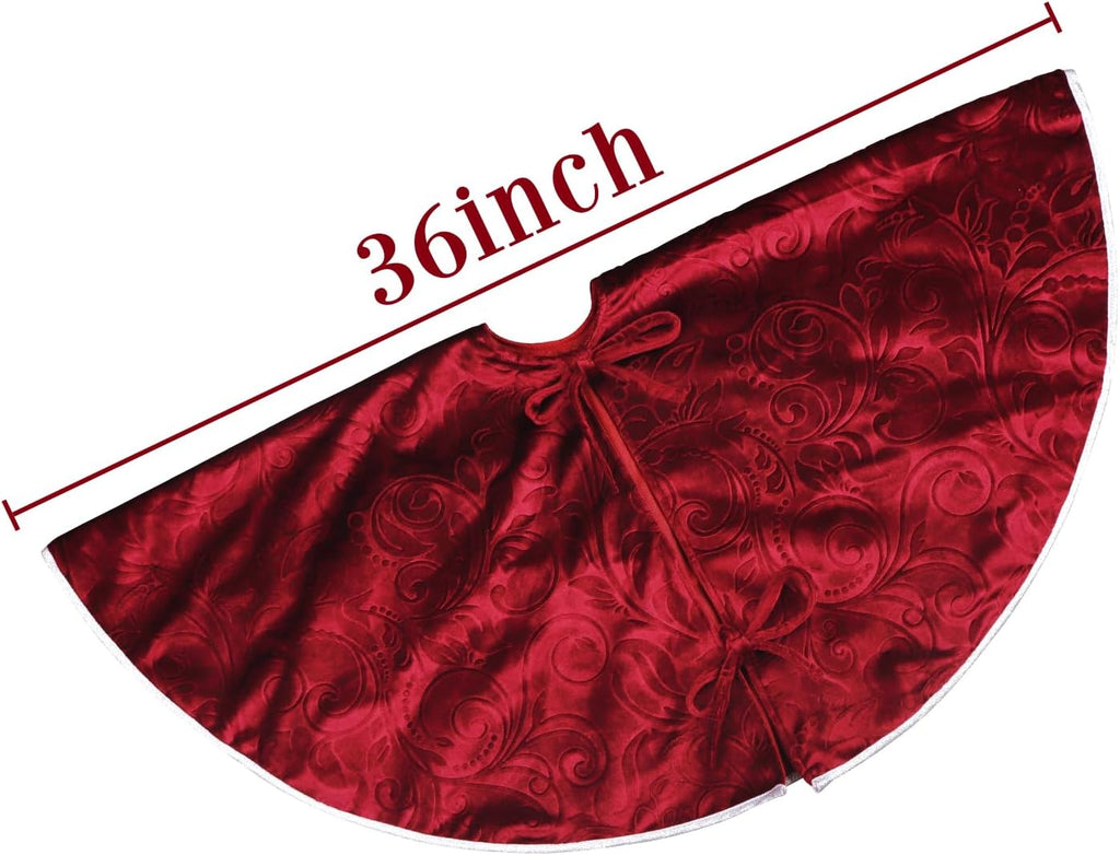36 Inch Christmas Tree Skirt, Velvet Red Tree Skirts, Xmas Tree Skirts with Embossed Floral Pattern for Merry