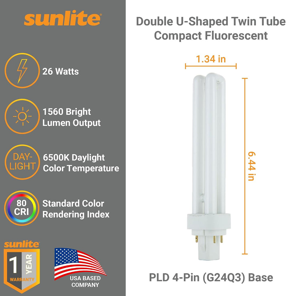 Compact Fluorescent PLD 4 Pin Double U-Shaped Twin Tube Light Bulb, 26 Watts, 120 Volts, 4 PinG24q3 Base, 1560