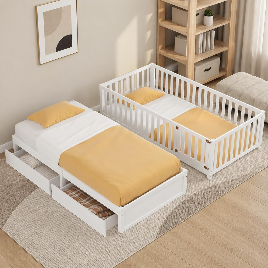Solid Wood Twin Size Daybed with Storage Drawers and Safety Guardrail, White