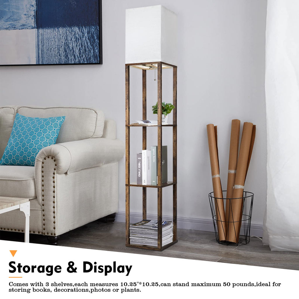 Floor Lamp with Shelves, Modern Shelf Lamp for Display Storage, 3 Color Temperature Wood Narrow Standing Corner Lamp