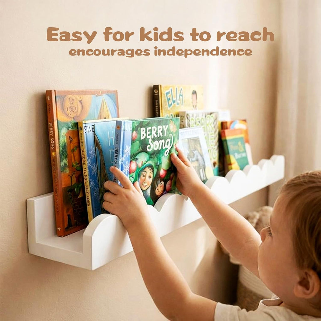White Scalloped Nursery Shelves for Wall, Pack Floating Book Shelves for Kids Room, Wall Mounted Kids Bookshelves