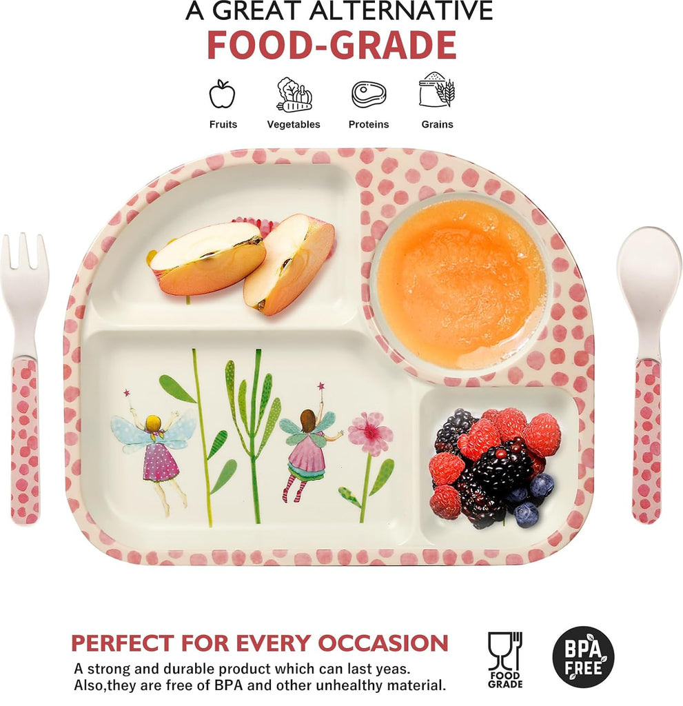 Kids Dinnerware Set of 7+ 4 Bamboo Kids Bowls with Utensils