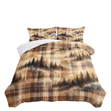 Misty Woodland Brown Comforter Set, Beige Tartan Pine 3-Piece Soft Microfiber Bedding with 2 Pillowcases for