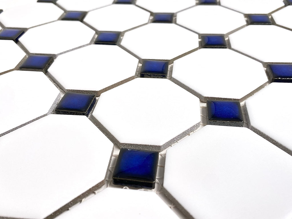 White Octagon Matte Porcelain Mosaic Tile with Blue Dots - 20 Sheets per Case for Floor, Wall, Backsplash, Bathroom