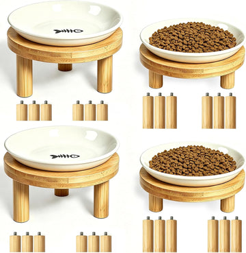 Elevated Cat Bowls Bamboo Stand, Ceramic Feeding Station for Indoor Cats