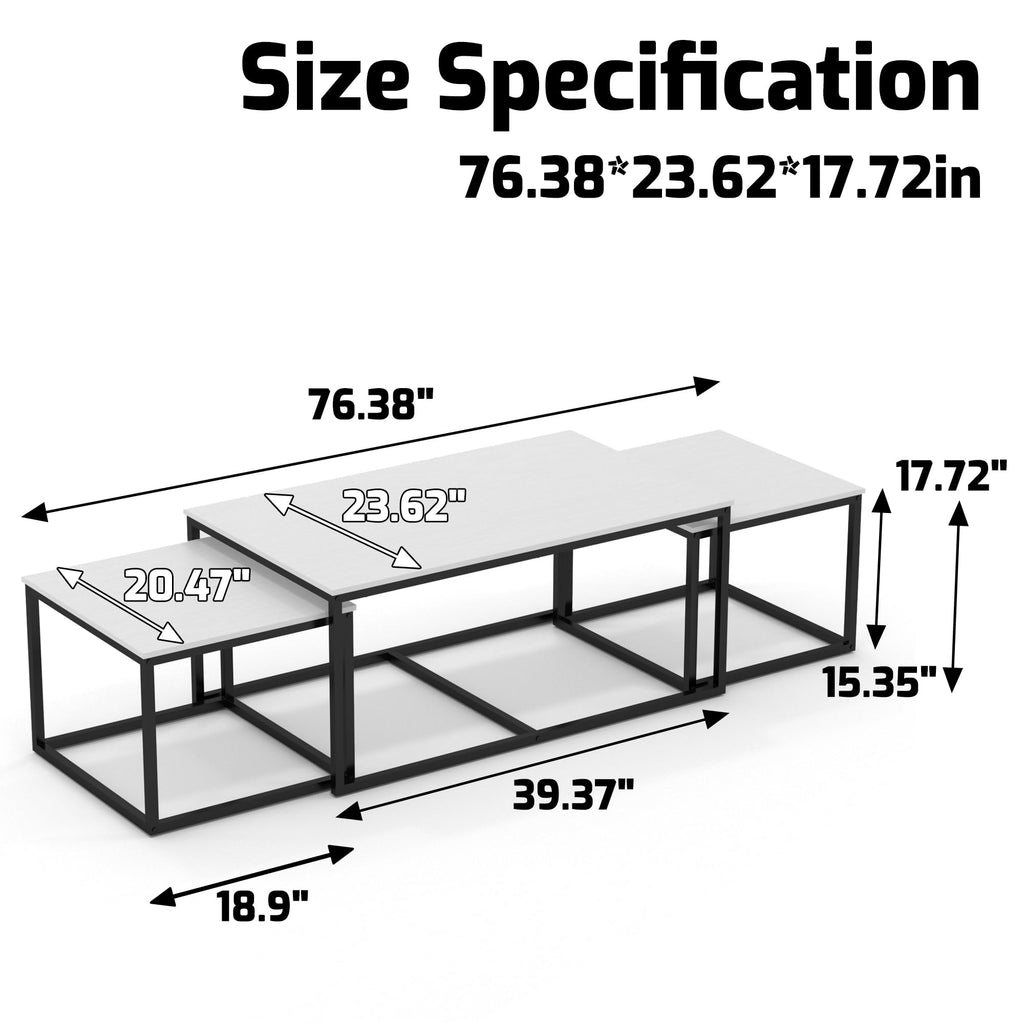 Nesting Coffee Tables, 3 Piece Living Room Coffee, Industrial Rectangular Coffee Set, End Side Tables Bedroom(White)