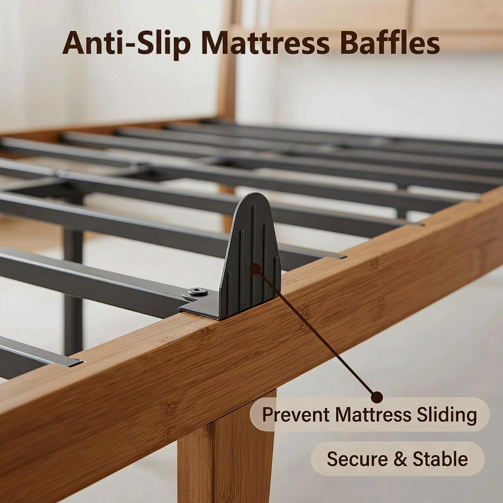 Bamboo Bed Frame with Farmhouse Headboard, Warm Brown Color