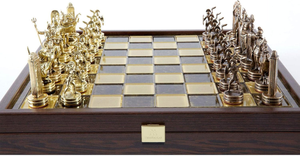 Greek Mythology Chess Set - Brass&Copper - Wooden case Brown Board