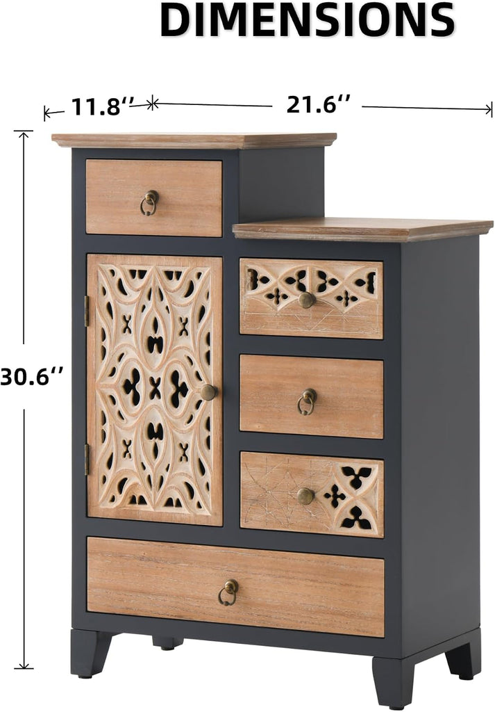 Farmhouse Accent Chest with Carved Door and 5-Drawers, Vintage Storage Cabinet Modern Dresser , Multi-Drawer