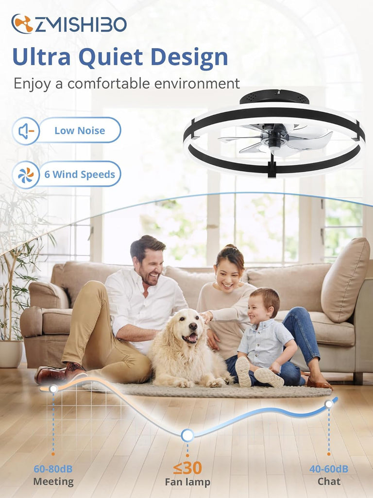 Ceiling Fans with Lights and Remote, 19.7'' Low Profile Ceiling Fan, 3000-6000K Dimmable Modern Flush Mount LED Fan Light, 6 Wind Speeds, Black Fandelier Ceiling Fans for Bedroom A101-B0DBHGKLLQ
