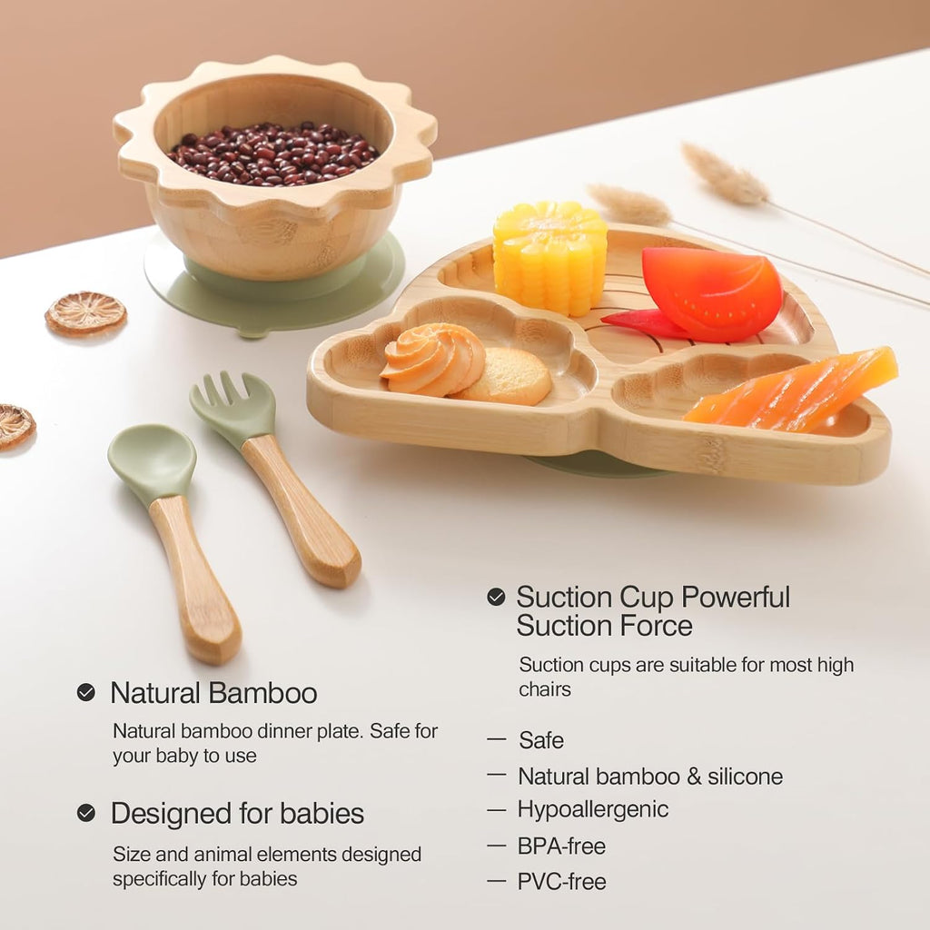 Bamboo Suction Plates Bowls Set for Baby Toddler Divided Platter Food bowl with Silicone Fork & Spoon All-Natural