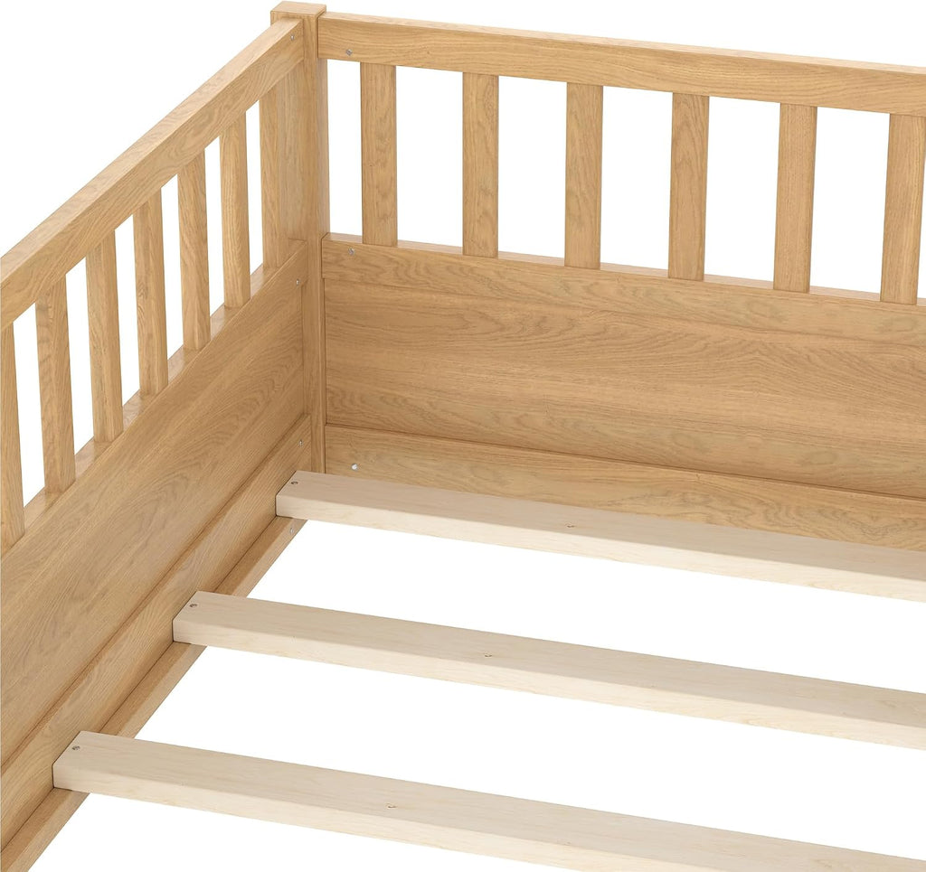 Floor Bed with Slats and High Guardrail, Montessori Floor Bed with Fence, Easy Assemble