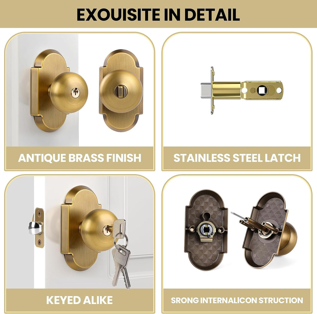 Keyed Alike Entry Door Knobs with Lock and Key, Antique Brass Door Knob