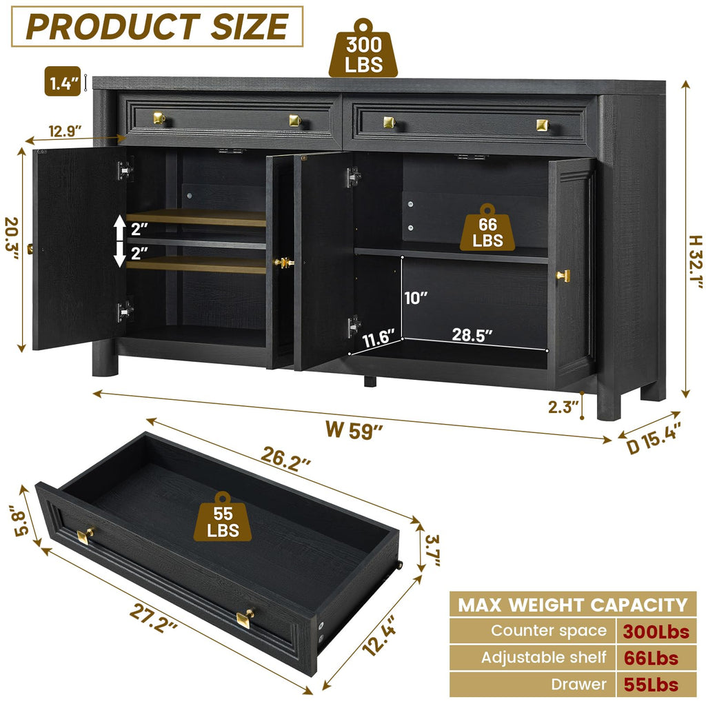 Credenza Storage Cabinet with 4 Doors and 2 Drawers, 59" Large Sideboard Buffet Cabinet, 32.1'' Tall Wood Buffet
