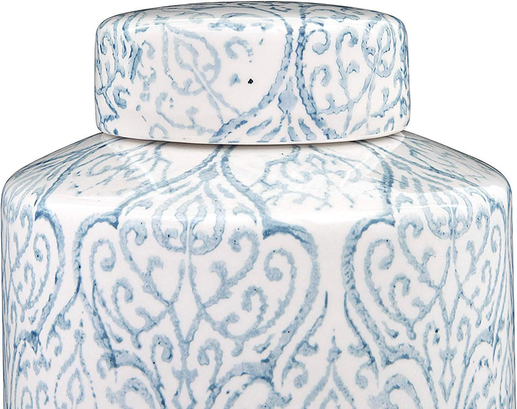 Tall Decorative Ceramic Ginger Jar with Lid, Blue and White Floral Pattern
